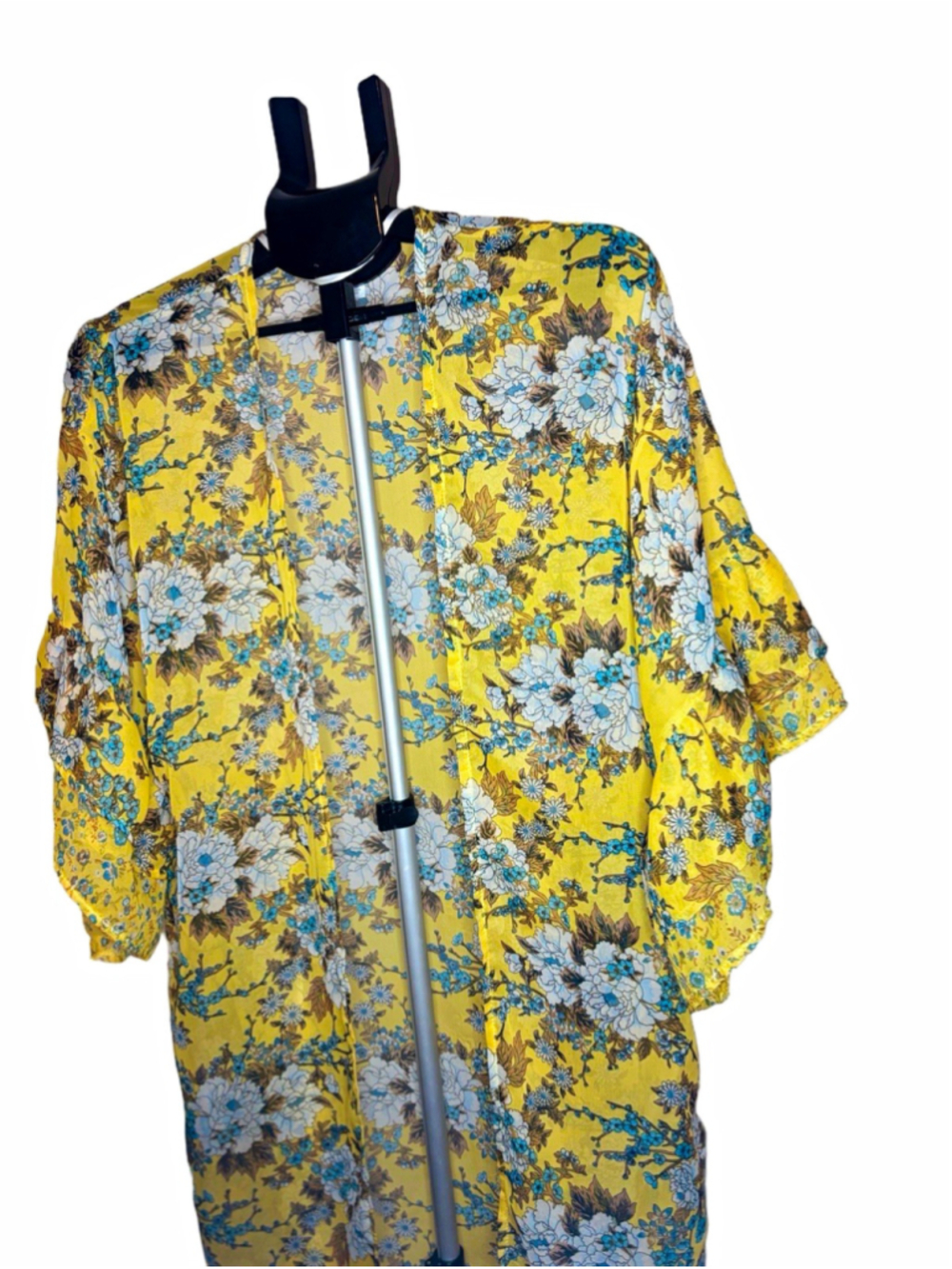 Mudd Yellow Blue Floral Sheer Kimono Open Front Boho Cardigan One Size